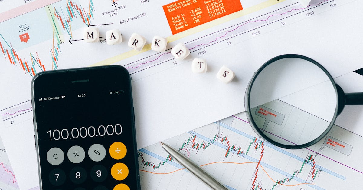 Flat lay of charts, calculator, and magnifying glass on office desk for market analysis.